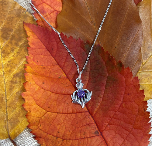 Sterling Silver Necklace with Purple Amethyst Thistle  Charm